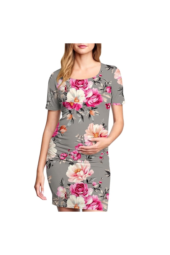 Maternity Bodycon Dress,Floral Side Ruch Fitted Maternity Dress Summer Short Sleeve Baby Shower Dress Crew Neck Casual Lounge Pregnancy Dress Daily Wear