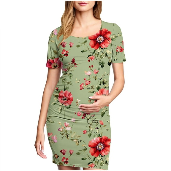 breaise Maternity Bodycon Dress,Floral Side Ruch Fitted Maternity Dress Summer Short Sleeve Baby Shower Dress Crew Neck Casual Lounge Pregnancy Dress Daily Wear
