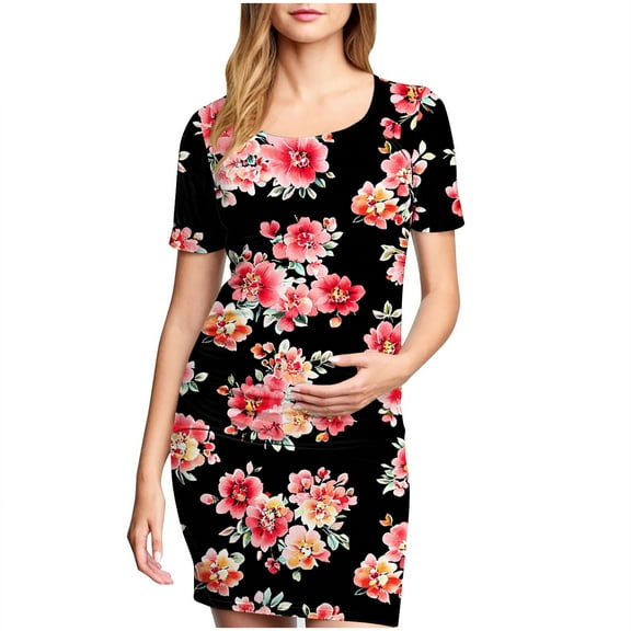 breaise Maternity Bodycon Dress,Floral Side Ruch Fitted Maternity Dress Summer Short Sleeve Baby Shower Dress Crew Neck Casual Lounge Pregnancy Dress Daily Wear