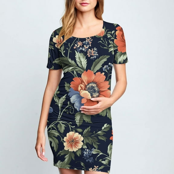 breaise Maternity Bodycon Dress,Floral Side Ruch Fitted Maternity Dress Summer Short Sleeve Baby Shower Dress Crew Neck Casual Lounge Pregnancy Dress Daily Wear