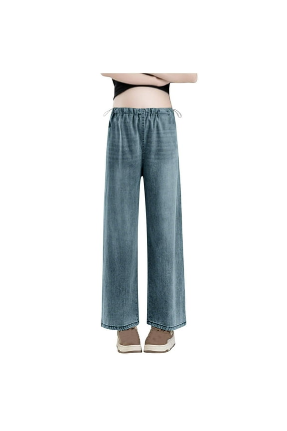 Maternity Drawstring Wide Leg Jeans High Elastic Waisted Stretch Long Pants Loose Fit Trouser Jeans Denim Pants XL Blue