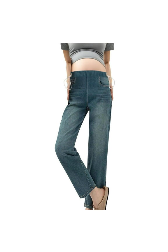 Maternity Drawstring Wide Leg Jeans High Elastic Waisted Stretch Long Pants Loose Fit Trouser Jeans Denim Pants XL Blue