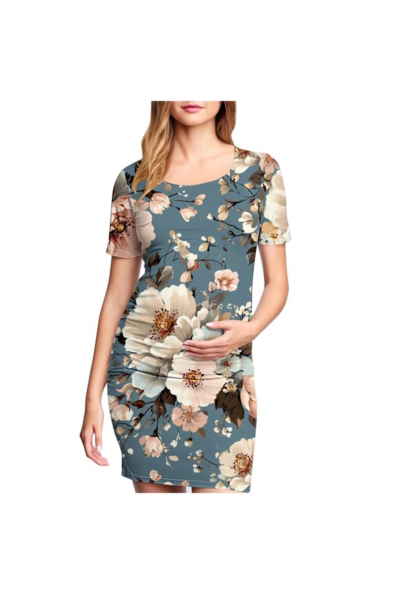 Maternity Dresses Side Ruched Bodycon Dress, Women's Maternity Slim Fit Dress Short Sleeve Dresses Crew Neck T Shirt Pregnancy Bodycon Dress for Casual Wear