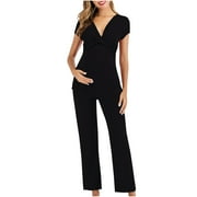 BREAISE Maternity Jumpsuits for Women Summer Short Sleeve V Neck Maternity Overalls Sleeveless Wide Leg Bid Overalls Rompers Solid Jumpsuits