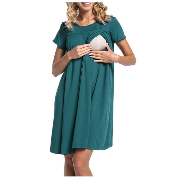breaise Maternity Nursing Dress,3 IN1 Short Sleeve Labor and Delivery Gown, Pleated Nursing Nightgown, Maternity Nightgowns for Hospital Short Breastfeeding Nightgown