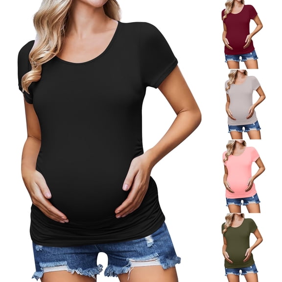 breaise Maternity Shirts Short Sleeves Women Pregnancy Top Tees Crew Neck Side Ruched Tunic Blouses