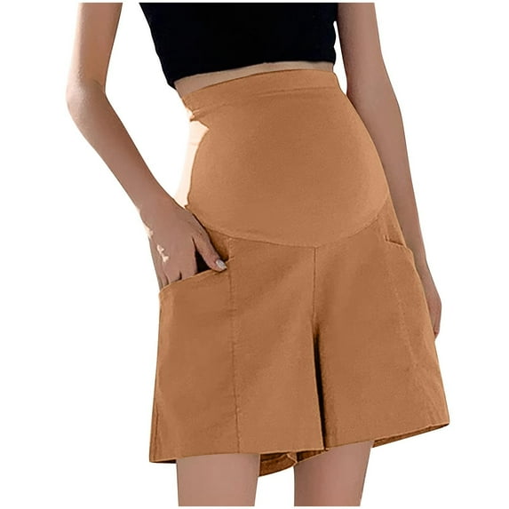 breaise Maternity Shorts with Pockets Over The Belly Stretchy Pregnancy Yoga Pants Athletic Workout 5 Inch Pants XL Brown