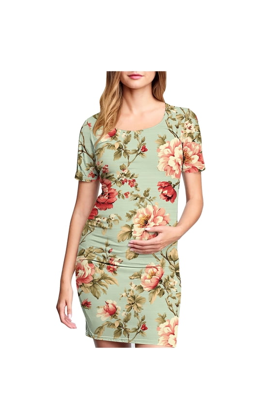 Maternity Summer Dress, Women's Maternity Short Sleeve Dresses Side Ruching Bodycon Dress for Daily Wearing or Baby Shower