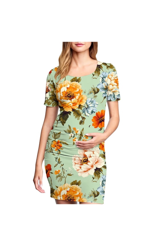 Maternity Summer Short Dress, Women's Maternity Short Sleeve Dresses Casual Fitted Ruched Bodycon Dress for Daily Wearing or Baby Shower