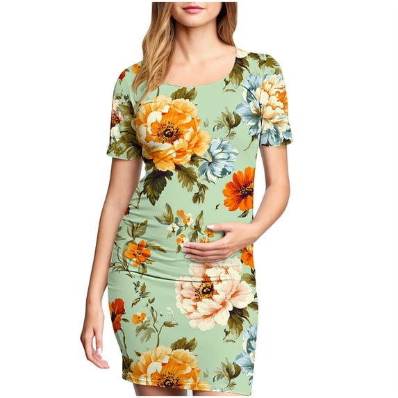 breaise Maternity Summer Short Dress, Women's Maternity Short Sleeve Dresses Casual Fitted Ruched Bodycon Dress for Daily Wearing or Baby Shower