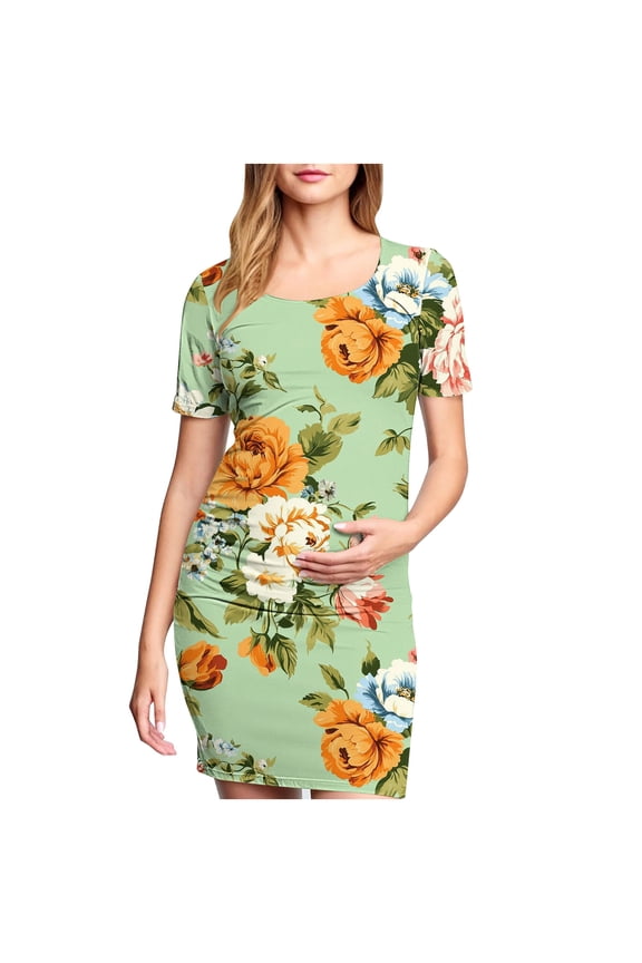 Maternity Summer Short Dress, Women's Maternity Short Sleeve Dresses Casual Fitted Ruched Bodycon Dress for Daily Wearing or Baby Shower