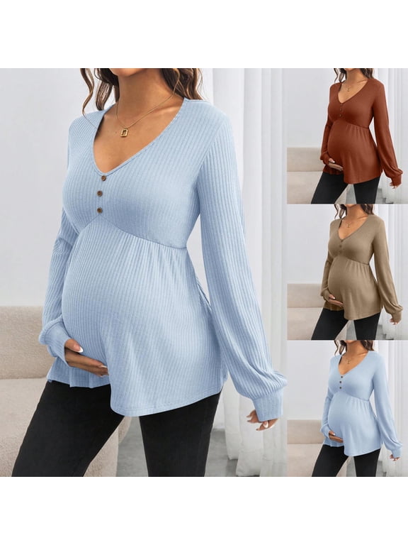 Maternity Tops for Women Long Sleeve Tunic Pregnancy Blouses Ribbed V Neck Pregnant Shirts Fall Winter Sweater