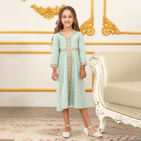breaise Muslim Dress for Kids Girls Long Sleeve Lace Prayer Dress Ethnic Style Long Robe Dress