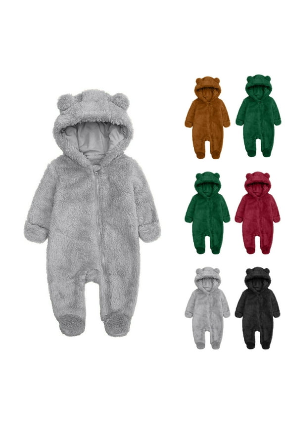 Newborn Baby Fleece Footie Snowsuit Winter Onesie Cartoon Bear Warm Lined Hooded Romper Outfits for Girls Boys