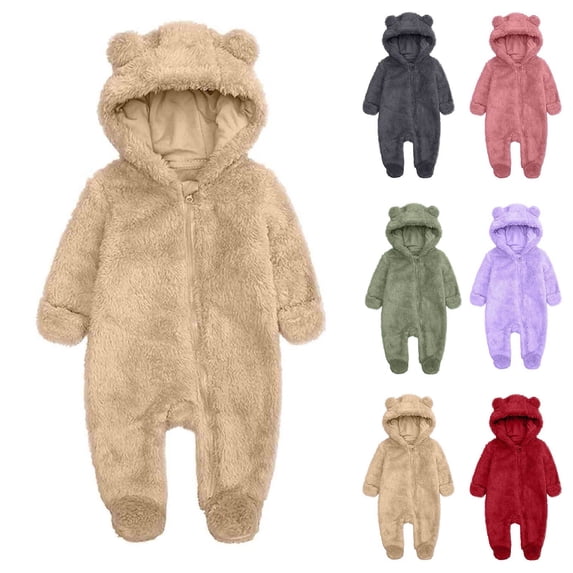 breaise Newborn Baby Jumpsuit Cute Plush Fuzzy Bear Outfit with Hood Zip up Long Sleeve Fleece Rompers Winter Warm Onesie Outwear