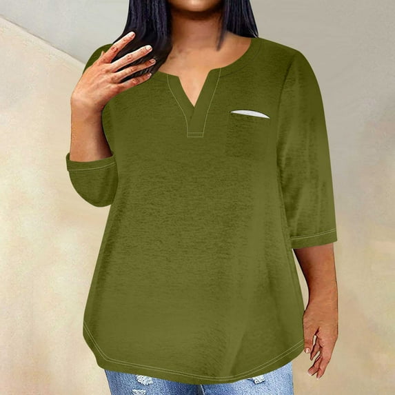 breaise Plus Size T Shirts for Women 3/4 Length Sleeve Shirts Casual Notch V Neck Blouses Summer Loose Fit Tops with Pocket