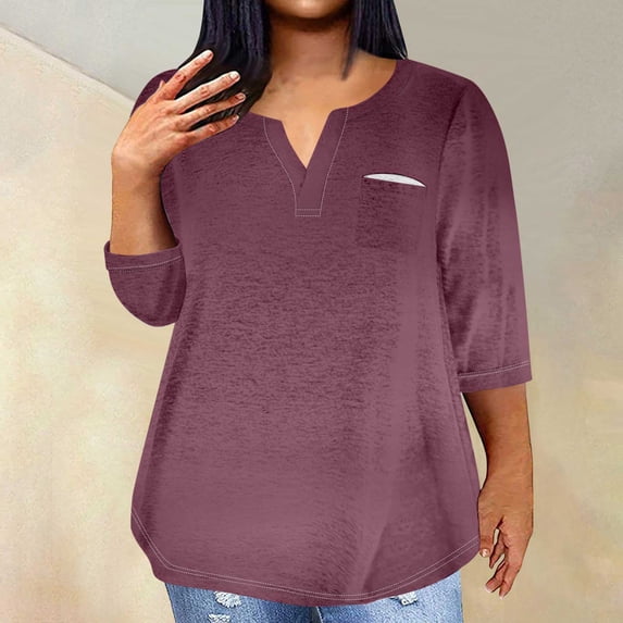 breaise Plus Size T Shirts for Women 3/4 Length Sleeve Shirts Casual Notch V Neck Blouses Summer Loose Fit Tops with Pocket