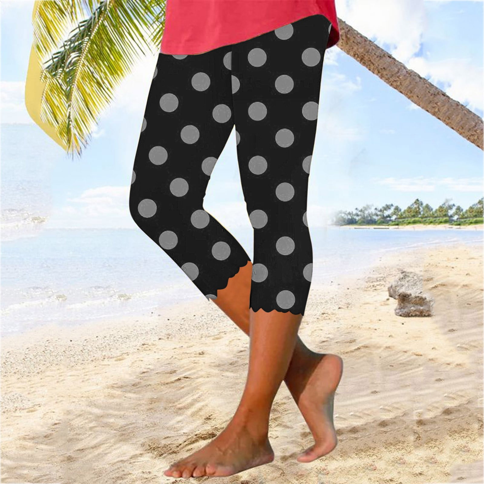 breaise Polka Dot Print Capri Leggings for Women Tummy Control
