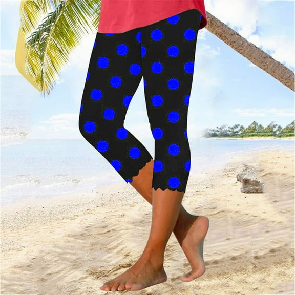 breaise Polka Dot Print Capri Leggings for Women Tummy Control Knee Length Yoga Pants High Waisted Stretchy Tights Lightweight Workout Cropped Trousers