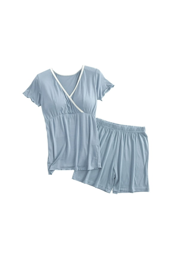 Postpartum Home Outfit, Button V Neck Breastfeeding Shirts & Short Set, Womens Nursing Tops Short Sleeve Lightweight Soft Maternity Pregnancy Clothes