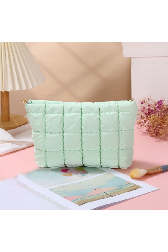 Puffer Quilted Makeup Bag with Handle, Cute Puffy Cotton Cosmetic Bags for Women, Checkered Toiletry Zipper Pouch, Travel Essentials Storage Organizer Clutch Pouches Pencil Case