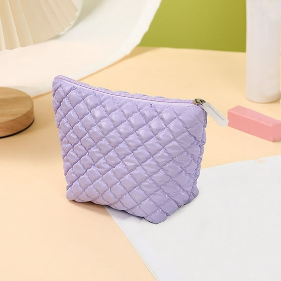 breaise Puffer Quilted Makeup Bag with Handle, Cute Puffy Cotton Cosmetic Bags for Women, Checkered Toiletry Zipper Pouch, Travel Essentials Storage Organizer Clutch Pouches Pencil Case