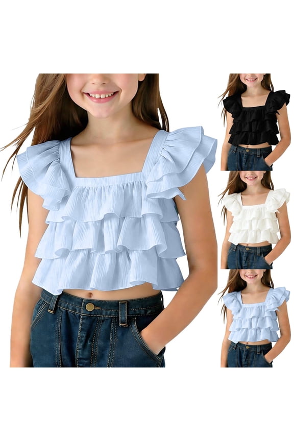 Ruffle Tops for Girls Y2k Short Sleeve Ruffle Flowy Crop Top Summer Cute Pleated Peplum Shirts Streetwear