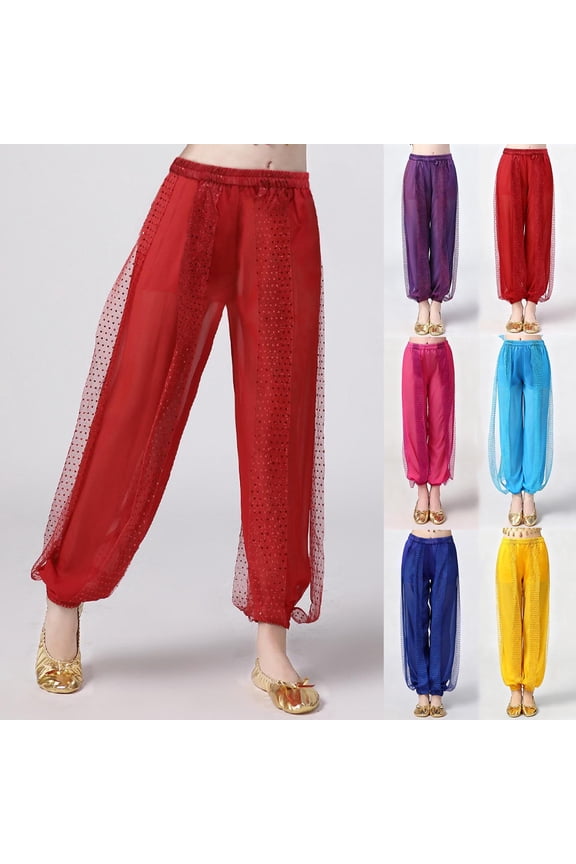 Sequins Belly Dance Costumes Kids Boys Girls Stage Coins Harem Pants Trousers Elastic Waistband Ankle Tied Dance Pants