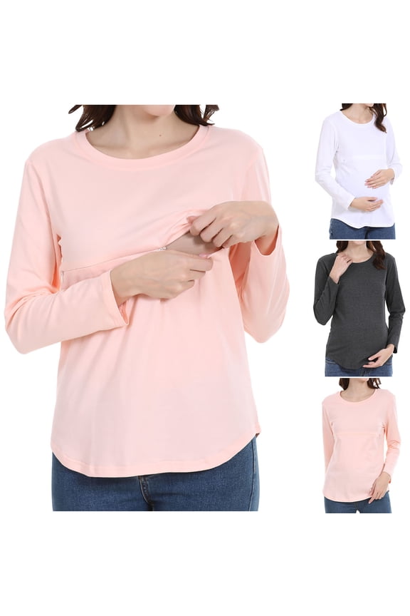 Shirts for Maternity Double Layer Breastfeeding Shirt Cozy Long Sleeve Nursing Tops Fall Solid Undreshirt