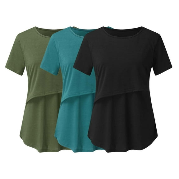breaise Short Sleeves Nursing Tops 3 Pack , Women's Maternity Shirts Double Laye Breastfeeding Tees Lightweight Soft Pregnancy Blouse Mama Clothes