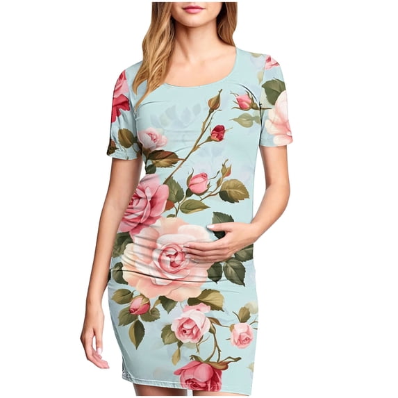 breaise Solid Color & Floral Side Ruch Maternity Dress Crew Neck Bodycon Dress Short Sleeve Baby Shower Dress Casual Lounge Pregnancy Dress Daily Wear