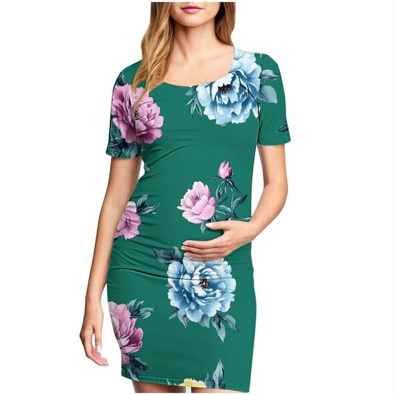 breaise Solid Color & Floral Side Ruch Maternity Dress Crew Neck Bodycon Dress Short Sleeve Baby Shower Dress Casual Lounge Pregnancy Dress Daily Wear