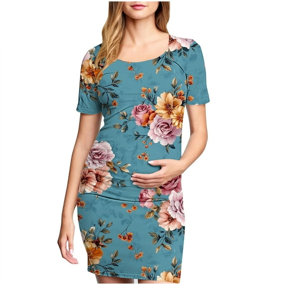 breaise Solid Color & Floral Side Ruch Maternity Dress Crew Neck Bodycon Dress Short Sleeve Baby Shower Dress Casual Lounge Pregnancy Dress Daily Wear