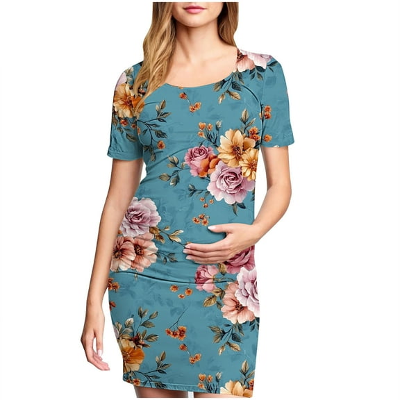 breaise Solid Color & Floral Side Ruch Maternity Dress Crew Neck Bodycon Dress Short Sleeve Baby Shower Dress Casual Lounge Pregnancy Dress Daily Wear