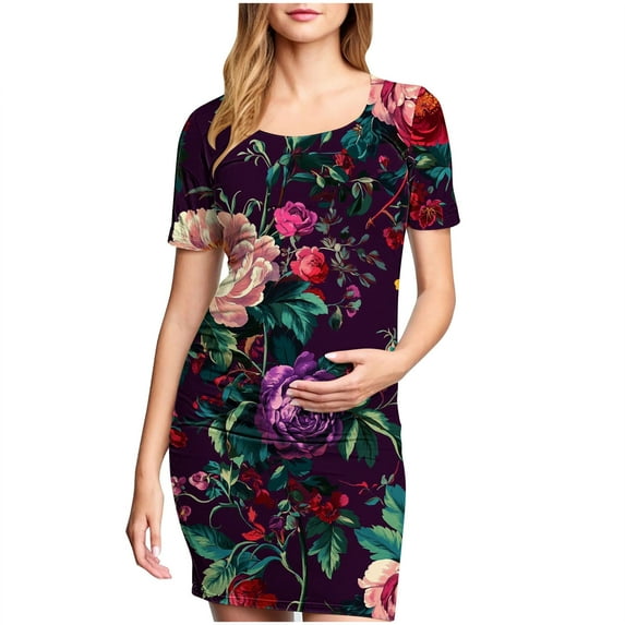 breaise Solid Color & Floral Side Ruch Maternity Dress Crew Neck Bodycon Dress Short Sleeve Baby Shower Dress Casual Lounge Pregnancy Dress Daily Wear