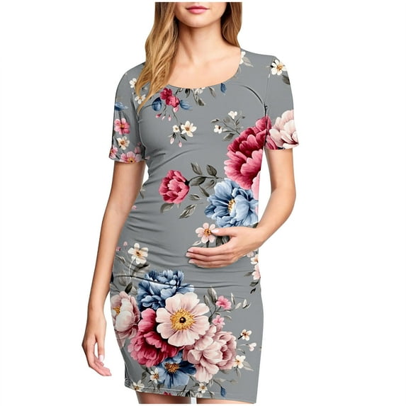 breaise Solid Color & Floral Side Ruch Maternity Dress Crew Neck Bodycon Dress Short Sleeve Baby Shower Dress Casual Lounge Pregnancy Dress Daily Wear