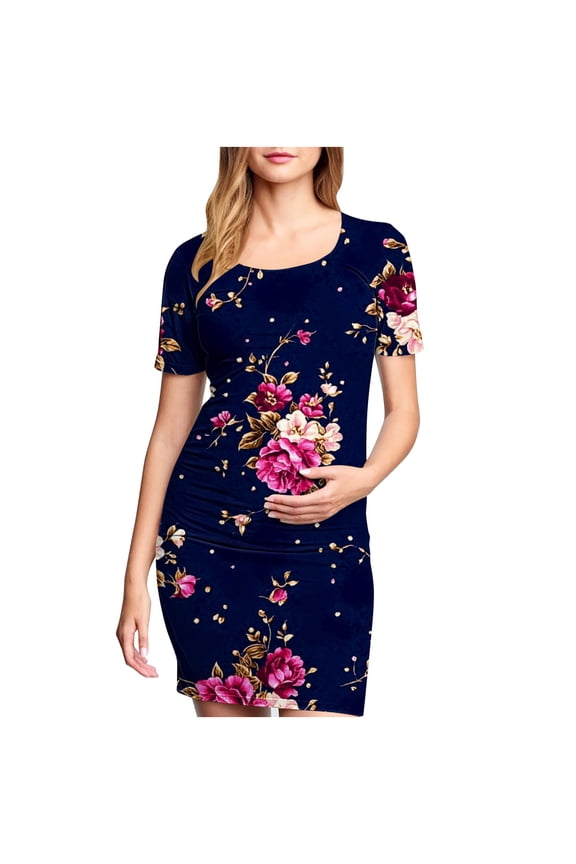 Solid Color & Floral Side Ruch Maternity Dress Crew Neck Bodycon Dress Short Sleeve Baby Shower Dress Casual Lounge Pregnancy Dress Daily Wear