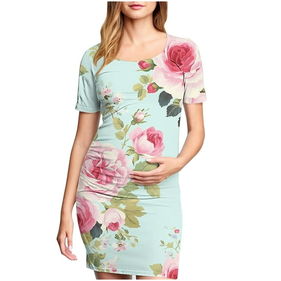 breaise Solid Color & Floral Side Ruch Maternity Dress Crew Neck Bodycon Dress Short Sleeve Baby Shower Dress Casual Lounge Pregnancy Dress Daily Wear