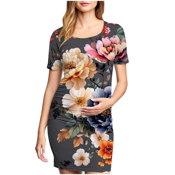 breaise Solid Color & Floral Side Ruch Maternity Dress Crew Neck Bodycon Dress Short Sleeve Baby Shower Dress Casual Lounge Pregnancy Dress Daily Wear