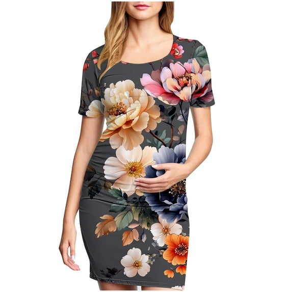 breaise Solid Color & Floral Side Ruch Maternity Dress Crew Neck Bodycon Dress Short Sleeve Baby Shower Dress Casual Lounge Pregnancy Dress Daily Wear