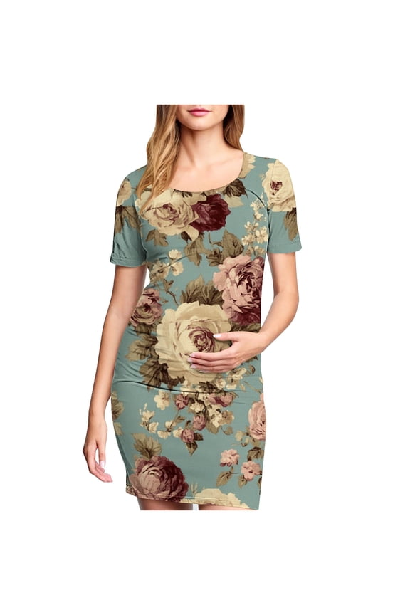 Summer Maternity Dresses,Women‘s Floral Side Ruch Bodycon Dress Short Sleeve Baby Shower Dress Casual Fitted T Shirt Pregnancy Dress