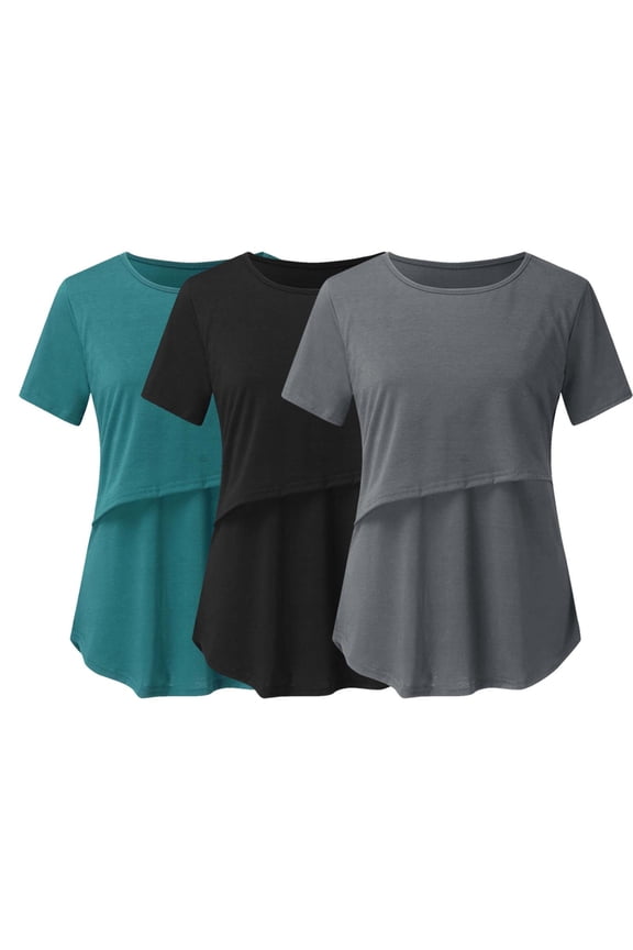 Summer Nursing Tops,Women's 3 Pack Double Layer Breastfeeding Shirts 2025 Trendy Short Sleeve Maternity Postpartum Tee Shirt Clothes