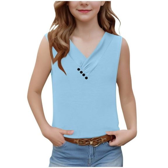 breaise Tank Top for Girls Summer Button Down V Neck T Shirts Sleeveless Loose Fit Fashion Tops 2025 Kids T-shirt