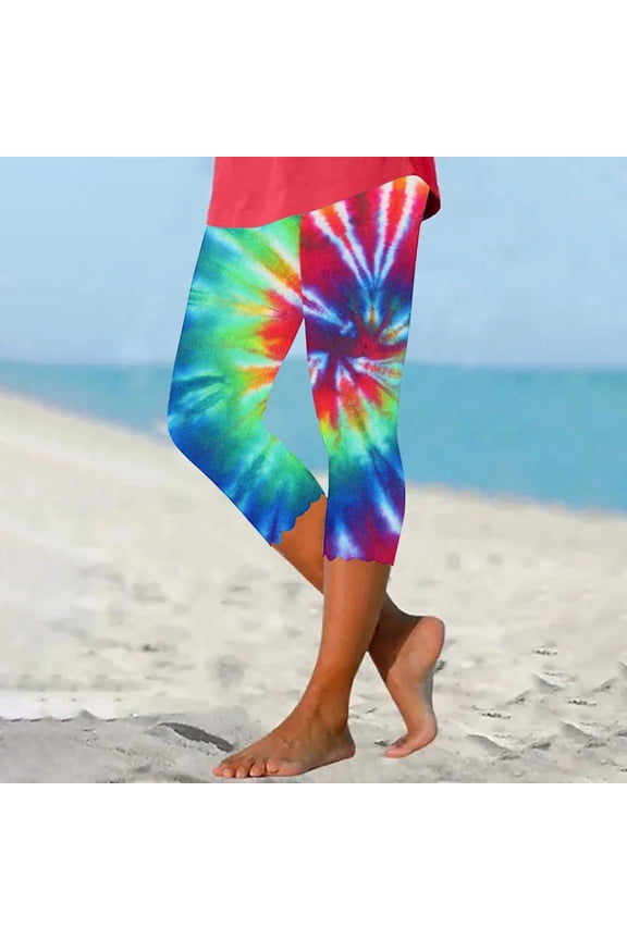 Tie Dye Capri Legging for Women Workout Running Yoga Pants Tummy Control Knee Length Tights Casual Summer Gradient Print Lounge Pants