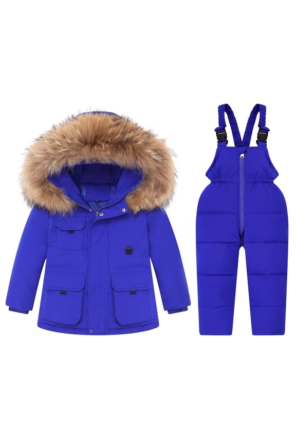Toddler Baby Boys Girls Snowsuit Hooded Insulated Ski Jacket Pants 2 Pcs Set Thicken Warm Waterproof Skiing Jacket with Snow Bib Pants (3Months-4Years)