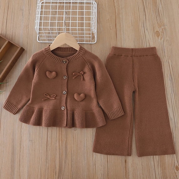 breaise Toddler Baby Girl 2 Piece Set Fall/Winter Girls Outfits Knitted Ruffer Sweater Flared Pants Two-piece Sets