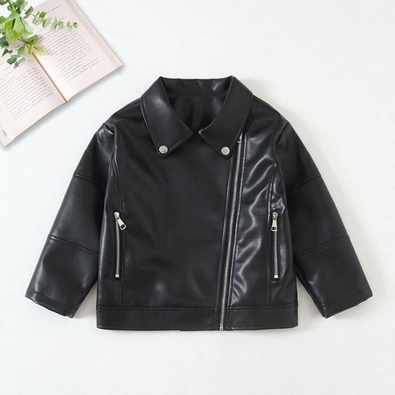 breaise Toddler Boys Girls PU Leather Jackets Trendy Zipper Coat Winter Outwear with Pockets 2-14Years