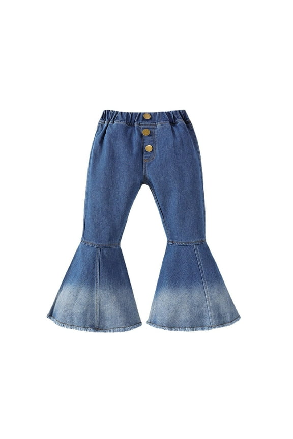 Toddler Kids Girls Bell Bottom Jeans Ruffle Flare Raw Hem Denim Pant Trousers High Waisted Flare Pants Leggings