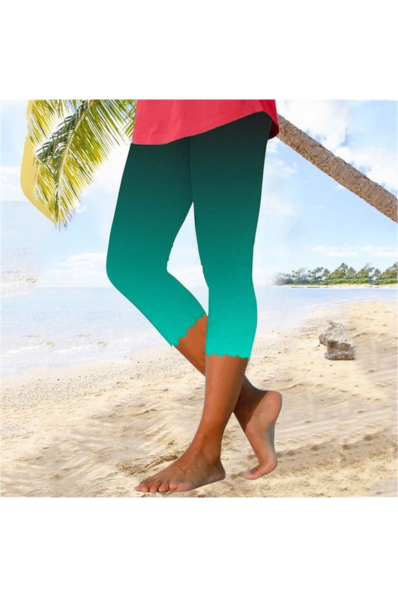Tummy Control Capri Leggings for Women High Waist Knee Length Yoga Pants Summer Trendy Gradient Color Workout Cropped Pants
