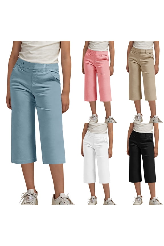 Wide Leg Pants for Girls Casual Summer High Waisted Capri Straight Leg Hiking Vacation Cropped Pant 4-14Years